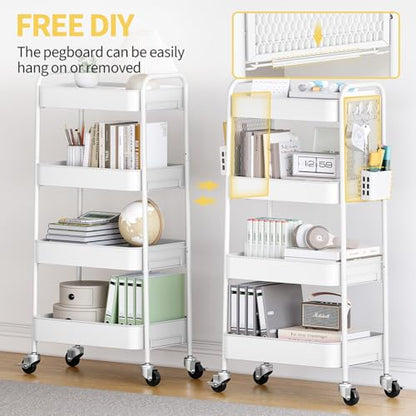 TOOLF 4 Tier Rolling Cart, Metal Utility Storage Cart with Pegboard, White - color: White, size: 4-Tier