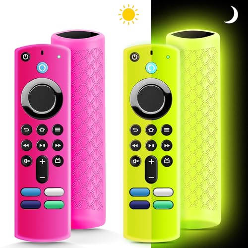 (2 Pack) Fire Stick Remote Cover 3rd Gen with Alexa Voice Remote,Fire TV Remote Cover Glow in The Dark, Anti Slip Shockproof Silicone Protective Case with Lanyard(Glow Yellow&Not Glow Rose Red) - color: Glow Yellow&Not Glow Rose Red
