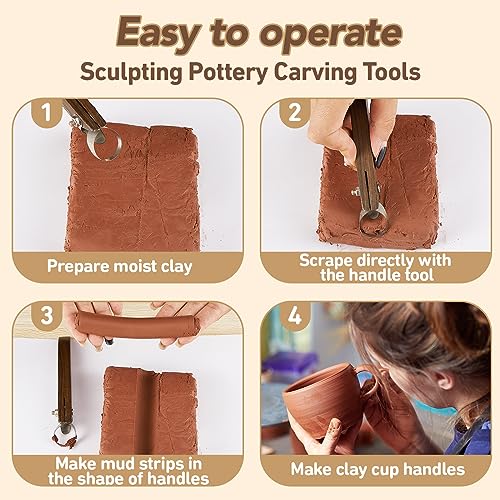 Therwen 5 Pcs Pottery Trimming Tools Clay Scrapers Wooden Handle Ceramic