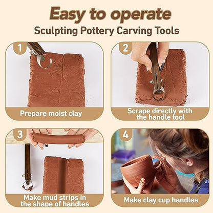Therwen 5 Pcs Pottery Trimming Tools Clay Scrapers Wooden Handle Ceramic