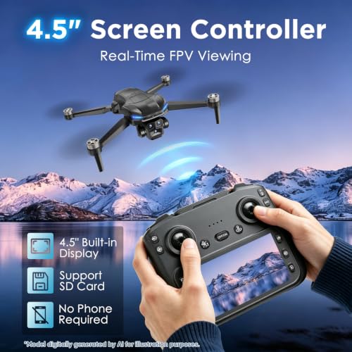 GPS Drone with 4K Camera for Adults, RC Foldable Quadcopter with 4.5” HD Screen Controller, Brushless Motor, GPS Auto Return, 60 Min Flight, 4GB SD Card, Beginner Gift, Under 249g