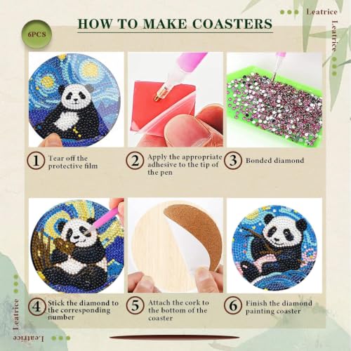 Leatrice 6PCS Diamond Art Coasters Small Diamond Painting Kits for Adults - color: BB Panda