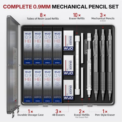 WUO 0.9mm Mechanical Pencil Set, 3 Pack Grey Metal Drafting Pencils - color: Grey, size: 0.9