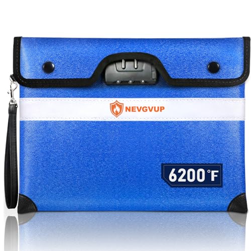 6200F Fireproof Money Bag with Lock, Upgraded A5 Document Bag w/ Zipper/Reflective Strip, 9 Layers Heat Insulated, Water Resistant - color: Blue, size: Inside Size 10.5" x 8.0"