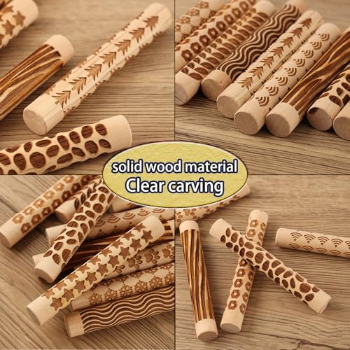 11-Pc Wood Texture Roller Set – Embossed Pattern Clay Rolling Pins & Carved Stamps for Handbuilding Pottery DIY Art Crafts (11 Wooden Texture Sticks)