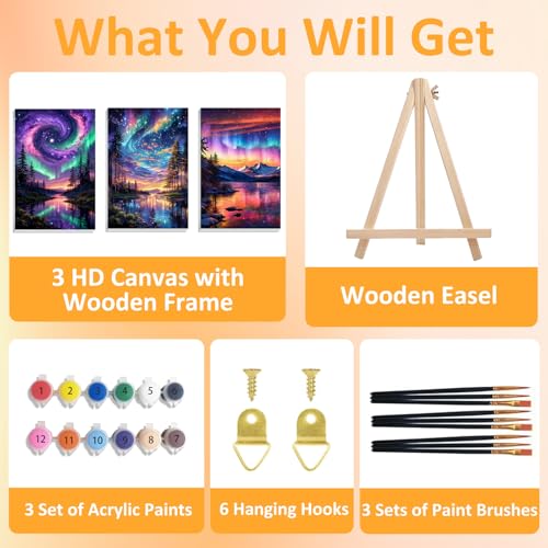 Mandun Aurora Paint by Numbers Kit for Adults, 3 Pack, 7.8x11.8 inch - color: 3 Pack Aurora