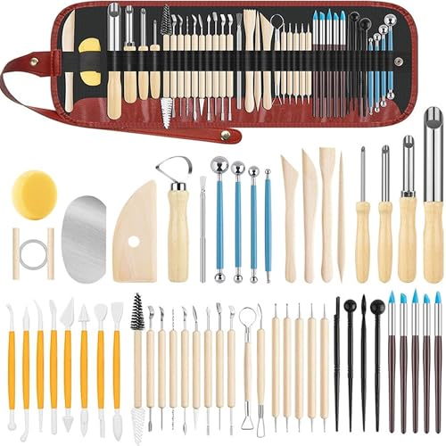 52PCS Clay Tools Kit, Clay Sculpting Tools Kit with Hole Puncher, Wooden Handle, Pottery Tools for Potters, Beginners & Professionals