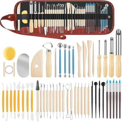 52PCS Clay Tools Kit, Clay Sculpting Tools Kit with Hole Puncher, Wooden Handle, Pottery Tools for Potters, Beginners & Professionals