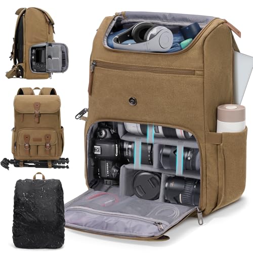 RAINSMORE Camera Backpack, DSLR SLR Mirrorless Camera Bag for Photographer - color: Khaki