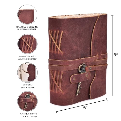 LEATHER VILLAGE Leather Bound Notebook Key Lock, Mahogany Brown 8x6. - color: Beetroot Red, size: 8"X6"