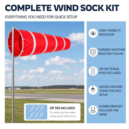 Leinuosen 8" x 60" Airport Windsock Kit Heavy Duty Aviation Grade Wind Sock Pole Kit with Swivel, Detachable Pole and Ground Stake, Assembly Height 10 ft for Aviation Industrial Agricultural Outdoor