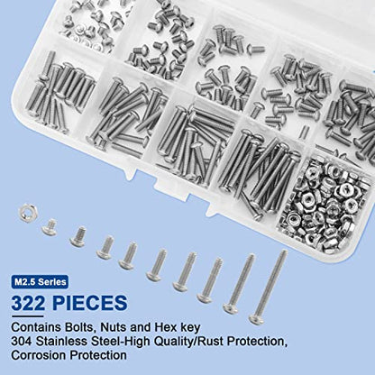 NINDEJIN 322 Pcs M2.5 Small Metric Button Head Socket Cap Screws Bolts Set - size: 322Pcs M2.5 3mm-20mm