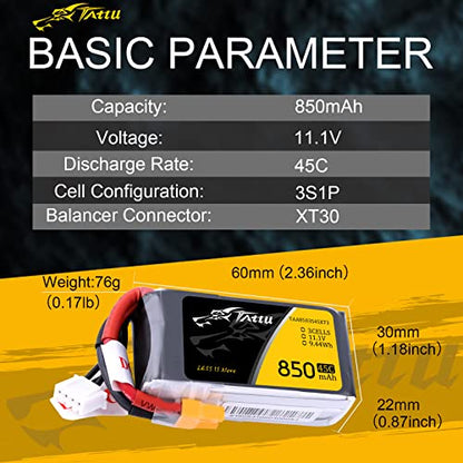 TATTU 850mAh 11.1V 45C 3S LiPo Battery Pack with XT30 Plug for Multirotor FPV 150 180 Size Quadcopter