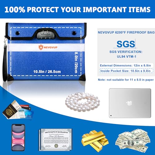 6200F Fireproof Money Bag with Lock, Upgraded A5 Document Bag w/ Zipper/Reflective Strip, 9 Layers Heat Insulated, Water Resistant - color: Blue, size: Inside Size 10.5" x 8.0"