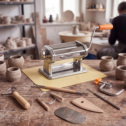 11 Pcs Polymer Clay Roller Machine Set, Stainless Steel Clay Press Machine with 6 Thickness Settings, Handbuilding Kit with Sculpting Tools Silicone Mat and Canvas Cloth for DIY Crafts