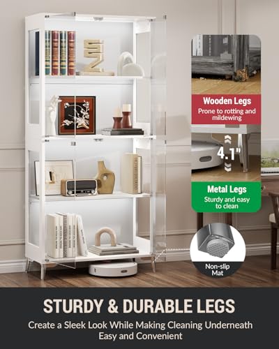 Display Cabinet with Glass Doors, 4-Tier, RGB Lights, Adjustable Shelves - color: White & Glass Double Door