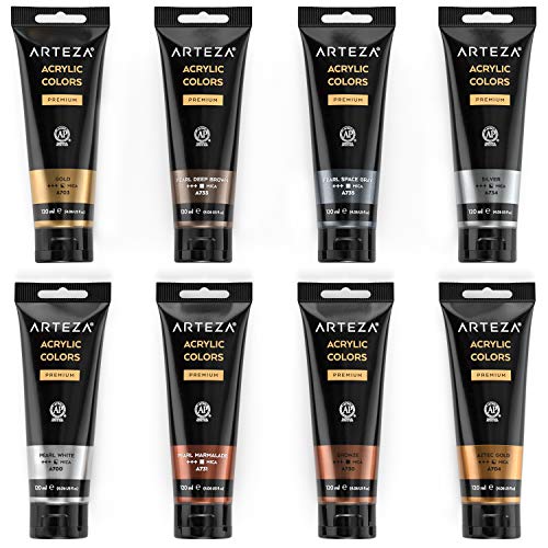 ARTEZA Metallic Acrylic Paint Set, 8 Classic Colors, 4.06 oz High-Viscosity - style: 8 x 120ml (4.06 fl oz) Metallic