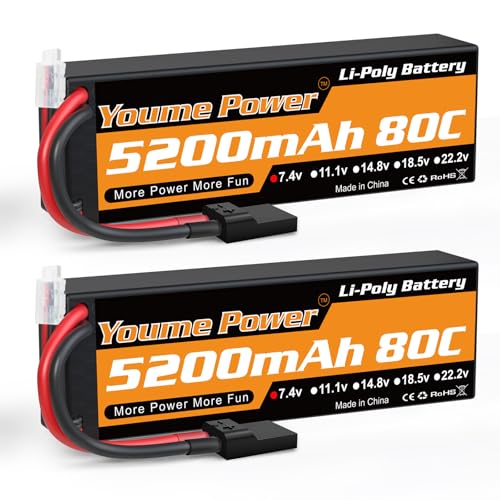 Youme 2S Lipo Battery 7.4V 5200mAh 80C Hardcase Tr for RC Truck Boat 2pcs