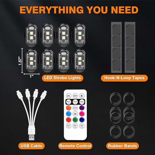 8Pcs Wireless LED Strobe Lights, High Brightness Wireless LED Strobe Light, 8 Colors 10 Flash Modes USB Charging Waterproof Anti-Collision Led Flashing Emergency Warning Light for Car Drone