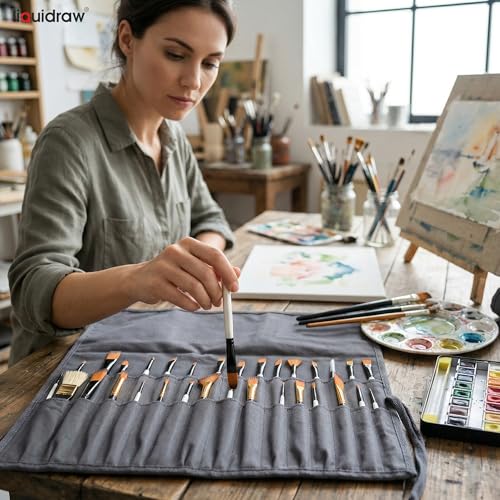 Liquidraw 30 Pocket Roll-Up Canvas Paint Brush Holder, 21 x 18in (Grey) - color: Grey