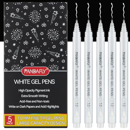 PANDAFLY White Gel Pens, 1mm Fine Point, 5 Pack - color: White