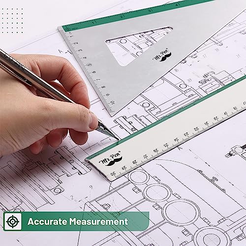 Mr. Pen- Metal Geometry Kit, 4 Pack, 45° & 30°/60° Set Squares - color: Green Stripes