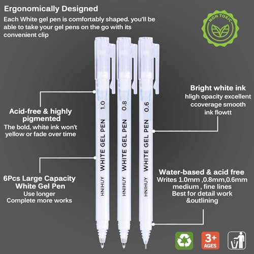 White Gel Pens, 0.6/0.8/1.0mm Fine Point Opaque Archival Ink Pens