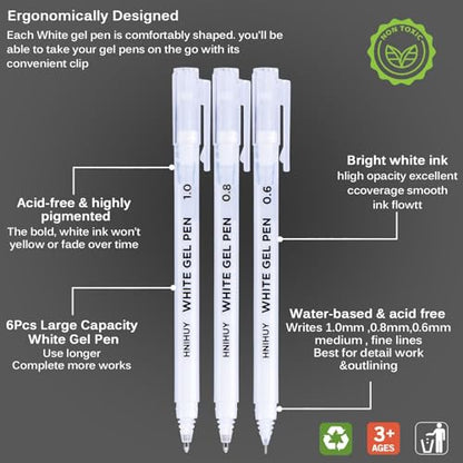 White Gel Pens, 0.6/0.8/1.0mm Fine Point Opaque Archival Ink Pens