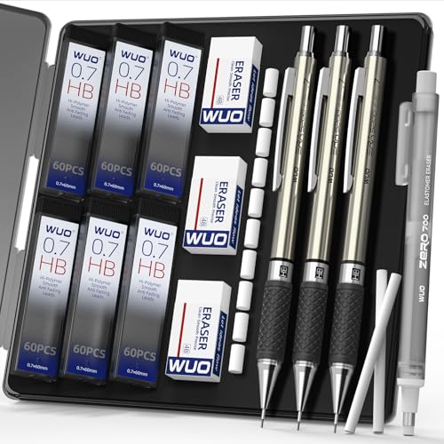 WUO 0.7 mm Mechanical Pencil Set with Eraser Pen Storage Case, 3 PCS - color: Black 2 - 0.7mm (3 Pack)