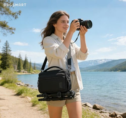 BAGSMART Camera Sling Bag with Tripod Holder & Rain Cover, Black - color: 01-Black