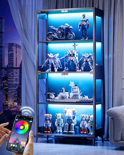 Glass Display Cabinet with Doors, 4-Tier Display Case with Adjustable Shelves, RGB LED Lights with App & Remote Control, Curio Storage Cabinet with Metal Base for Collectibles, Books, Black - color: Black & Glass Double Door