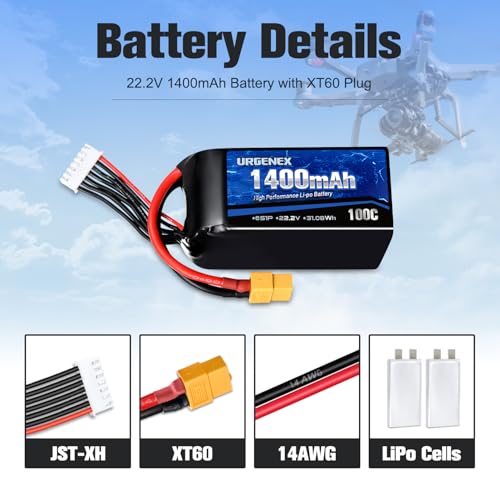 6S Lipo Battery 1400mAh 22.2V 100C with XT60 Plug Fit for FPV Drone Quadcopter Helicopter Airplane Rechargeable Racing Battery