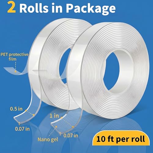 KUSUFEFI Double Sided Adhesive tape Heavy Duty, Double Stick Mounting (2 Rolls, Total 20FT), Clear Two Sided Wall tape Strips, Removable Poster tape for Home, Office, Car, Outdoor Use