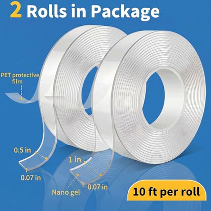 KUSUFEFI Double Sided Adhesive tape Heavy Duty, Double Stick Mounting (2 Rolls, Total 20FT), Clear Two Sided Wall tape Strips, Removable Poster tape for Home, Office, Car, Outdoor Use