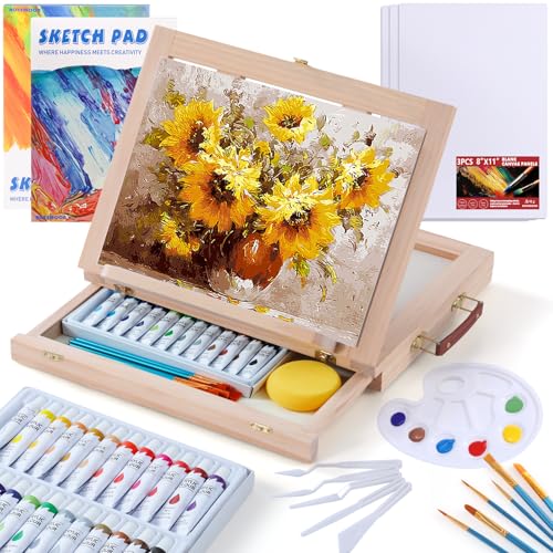 Portable Wooden Tabletop Art Easel Set with 24 Acrylic Paints for Painting