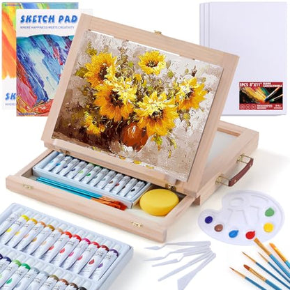 Portable Wooden Tabletop Art Easel Set with 24 Acrylic Paints for Painting