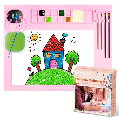 Silicone Painting Mat, Art Mat with Cup, Craft Paint Brush Cleaner Tool - color: Pink