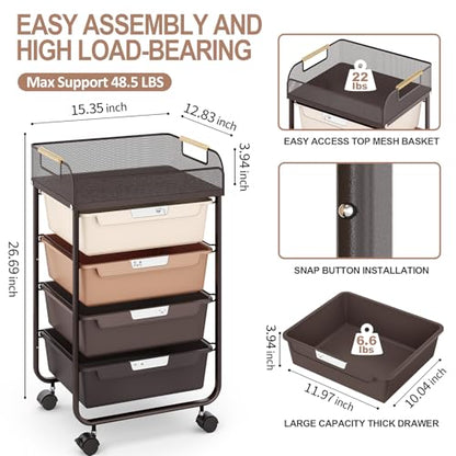 SYKIARIOL 4-Drawer Rolling Storage Cart with Mesh Top,Brown - color: Gradient Brown