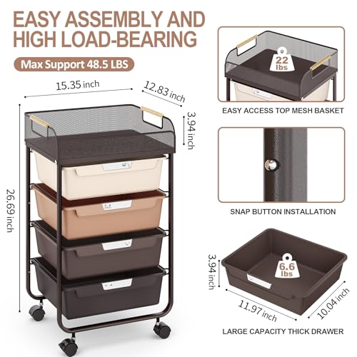 SYKIARIOL 4-Drawer Rolling Storage Cart with Mesh Top,Brown - color: Gradient Brown