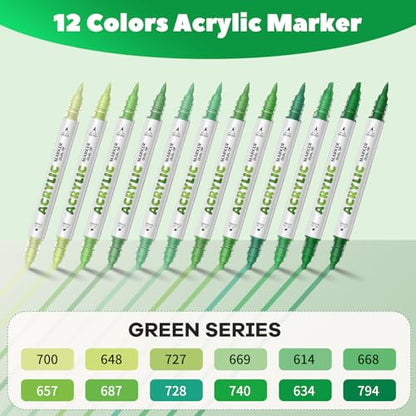 Green Acrylic Paint Pens, Water Based 12 Colors Dual Tip - color: Green Series