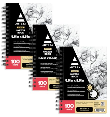 ARTEZA Sketchbook 5.5 x 8.5 Inches, 3 Pack, Spiral, 300 Sheets Total
