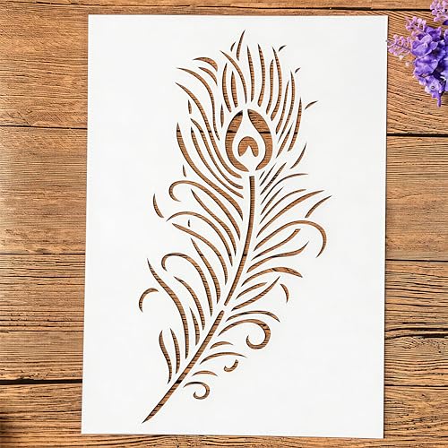 TIAMECH A4 Reusable Single Peacock Feather Stencil for Painting - style: Single Peacock Feather