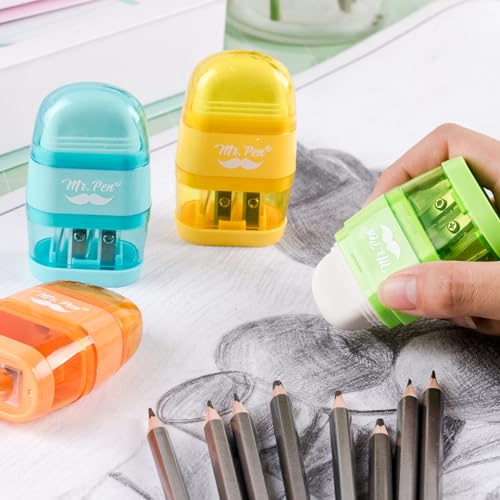 Mr. Pen- Pencil Sharpener & Eraser, 4 Pack - color: Yellow, Orange, Blue, Green, size: 4 Pack