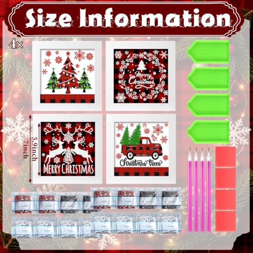 Geyoga 4pcs Christmas Diamond Painting Kits with Frame for Beginner 7x7inch - style: Christmas Plaid