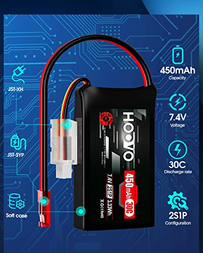HOOVO 2S LiPo Battery 7.4V 450mAh 30C Battery Pack with JST Plug 2Pack