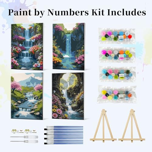 JOOZ 4 Pack Paint by Numbers Kit for Adults Framed, Waterfall, 8x12 Inch - color: Waterfall Landscape 030