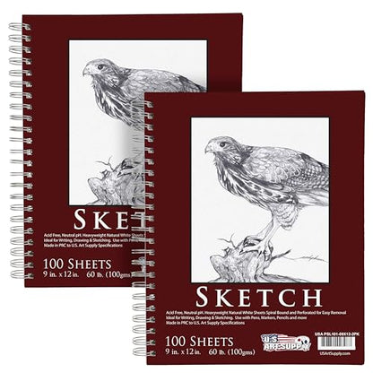 U.S. Art Supply 9"x12" Sketch Book Pad, Spiral Bound 100 Sheets Each,2-Pack - size: 9-x-12-inch