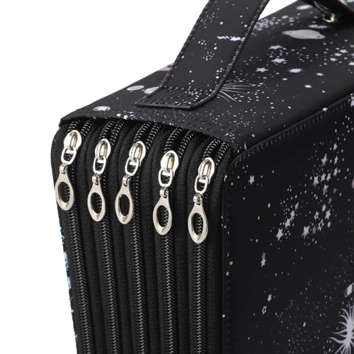 250 Slots Canvas Pencil Case 5-Layer Zipped Holder w/Handle - color: Galaxy Black, size: 250