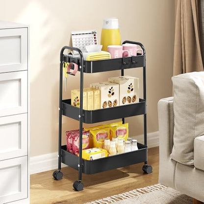 TOOLF 3 Tier Rolling Cart, Metal Utility Storage Cart with Wheels, Pink - color: Black