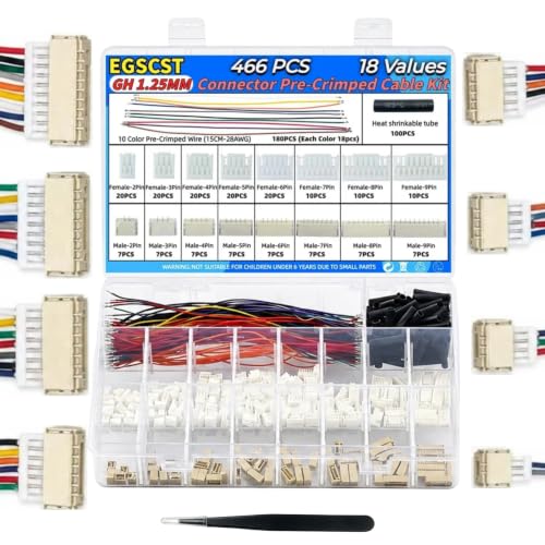 GH 1.25mm JST Connector Kit - 180 Pre-Crimped Silicone Wires for Pixhawk 6C/6X, Flight Controller, GPS, Telemetry | 2/3/4/5/6/7/8/9 Pin Housing and Plug Adapter Cables - size: 1.25mm-GH